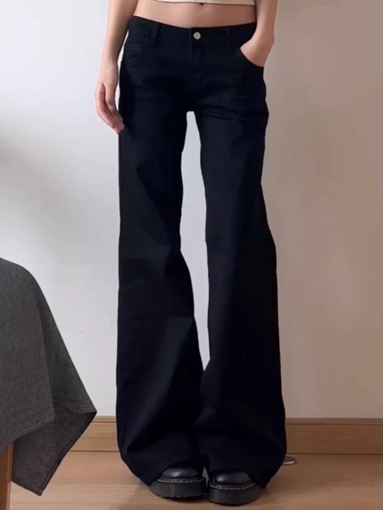 

Женские широкие расклешенные джинсы большого размера черного цвета с заниженной талией - американский стиль, ранняя осень XS прохладный черный