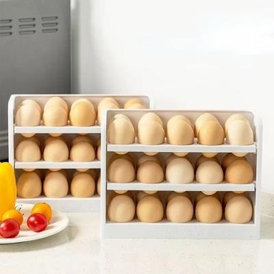 Portauova a 3 ripiani con coperchio ribaltabile rotante, 30 scomparti, porta uova per frigorifero, cestino per la conservazione fresca, organizer da cucina