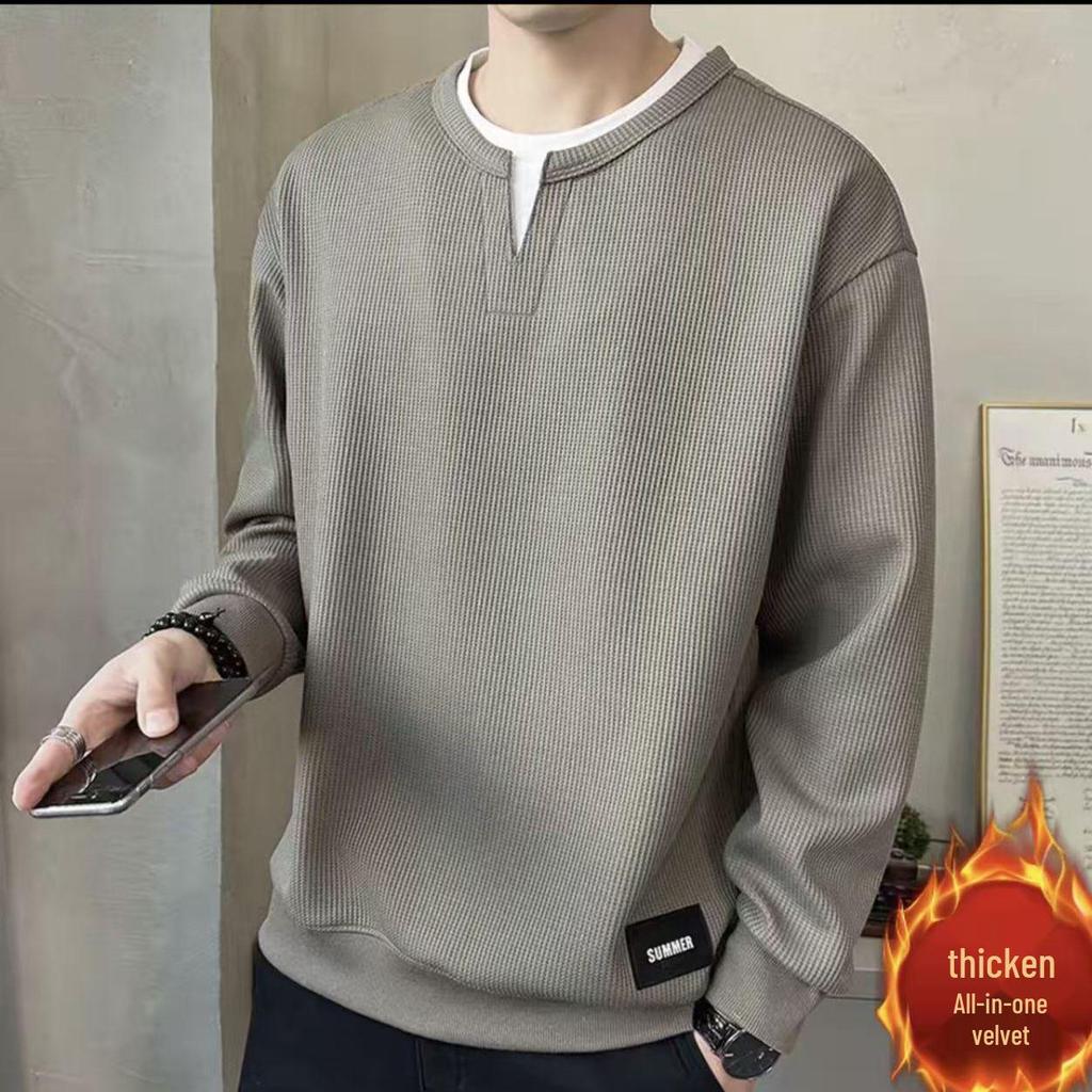 Men's Casual Fake Two-Piece Hoodie with Vertical Stripes - Autumn/Winter Loose Fit