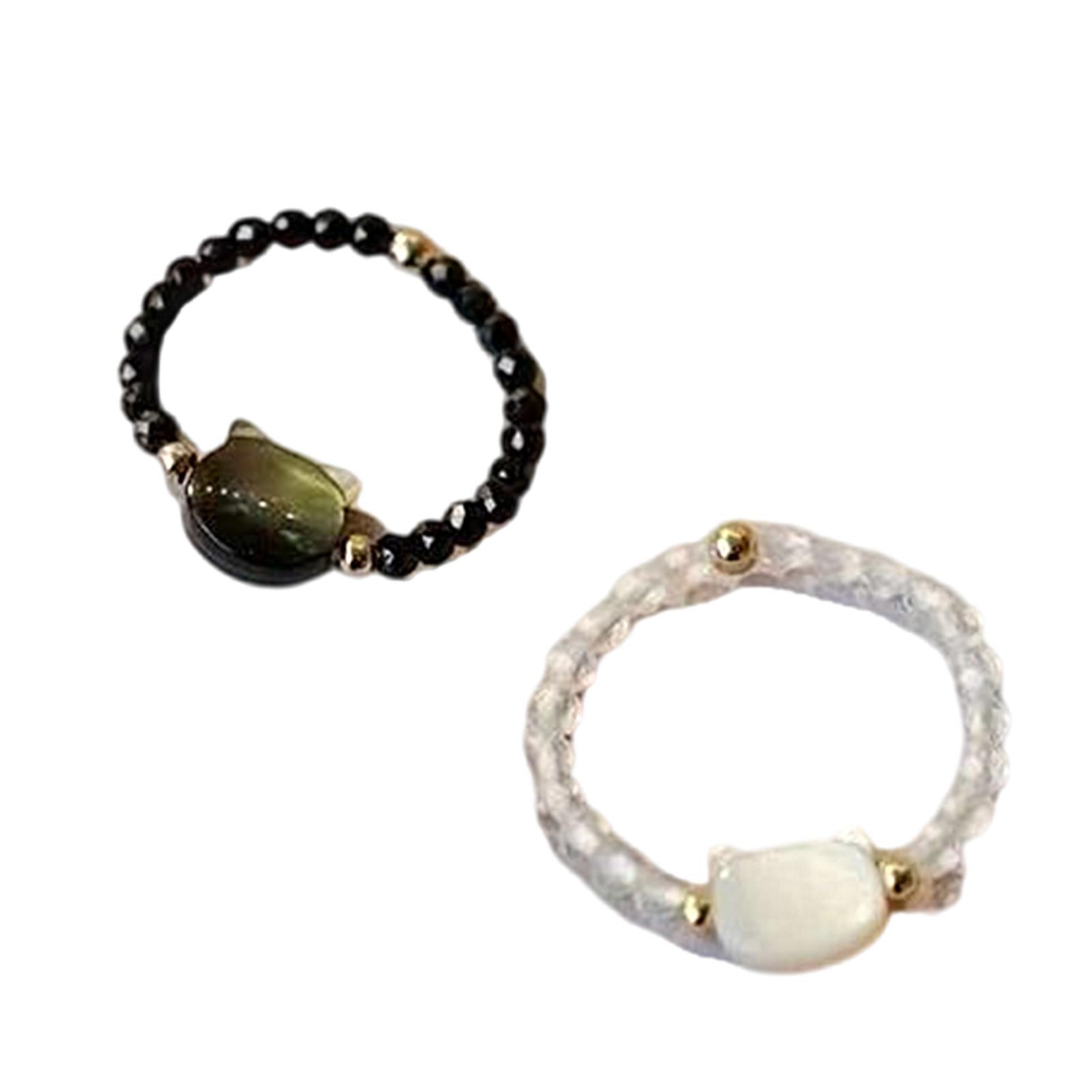 

Набор из 2 стильных колец с черными и белыми кошками, регулируемые кольца для пальцев с лунным камнем и обсидианом, украшения для повседневной носки и вечеринок