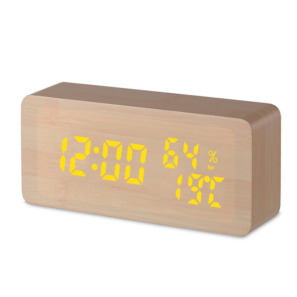 Wooden Alarm Clock 115-Colored Time/ Humidity/ Temperature/ Date Display Wood LED Digital Desk Clock Adjustable Brightness Voice Control Snooze
