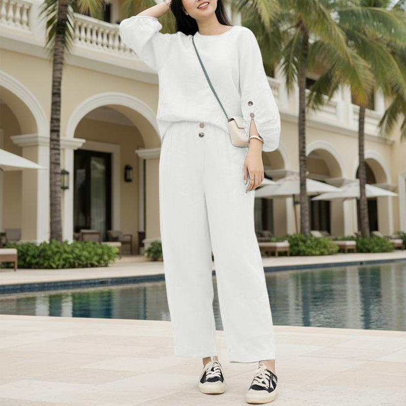 ZANZEA Lässiges zweiteiliges Anzug-Set für Damen mit 3/4-Ärmeln, Bluse und Hose
