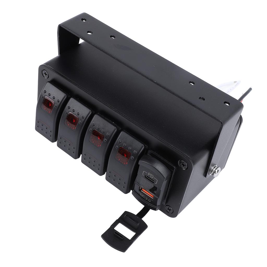 4 Gang Rocker Switch Panel with PD Type C QC3.0 USB Charger Waterproof Universal Fit for Car Truck Boat RV UTV ATV Red