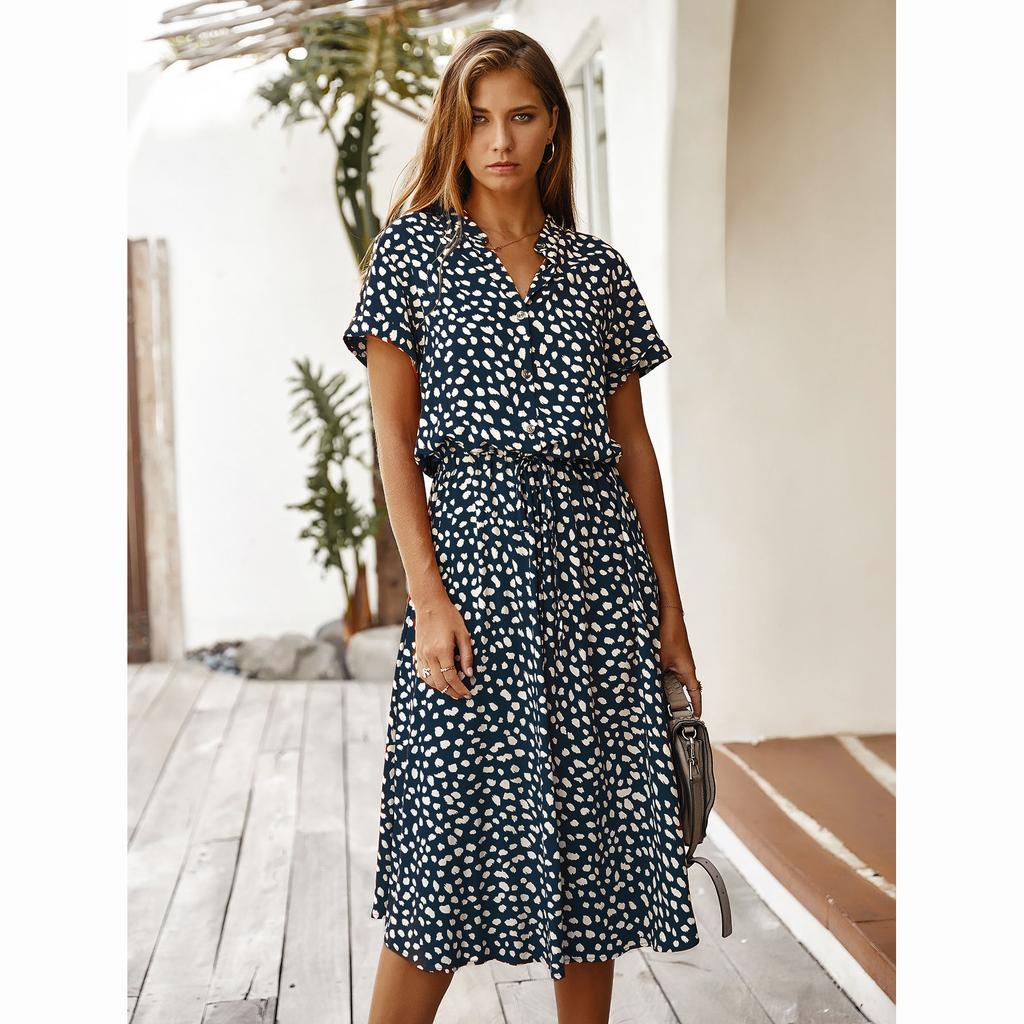 Vintage Floral Print Dress Women Short Sleeve Long Dress Turn Down Collar Casual Waistband Shirt Dresses Summer
