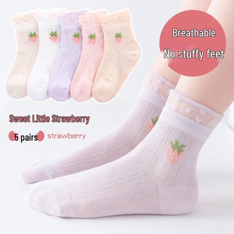Girls' Summer Breathable Pure Cotton Mesh Socks - Lightweight & Short for Children
