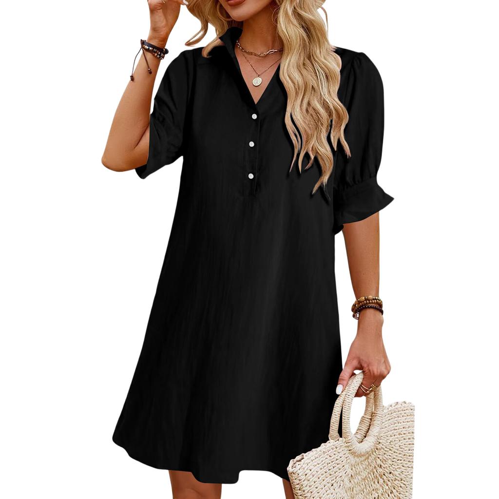 Damen Freizeitmode Sommer Locker Farbe Knopf Halbsleeve Kleid