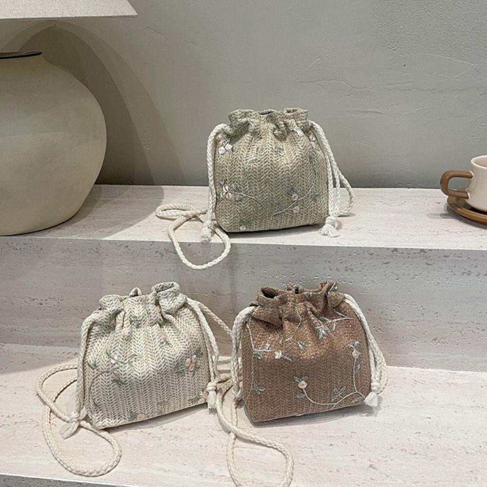 Elegant Straw Bag Lace Woven Beach Bag Leisure Drawstring Bucket Bag  Vacation