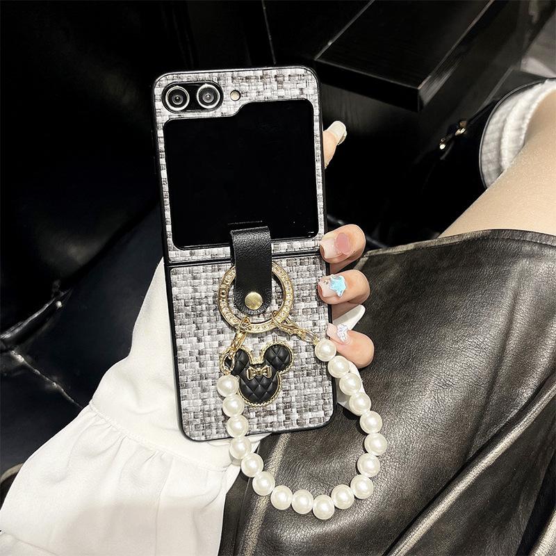 Woven Pattern Flip Phone Case for Samsung Zflip5 Folding Screen Pearl Hand Chain Xflip Rhinestone 4 Ring