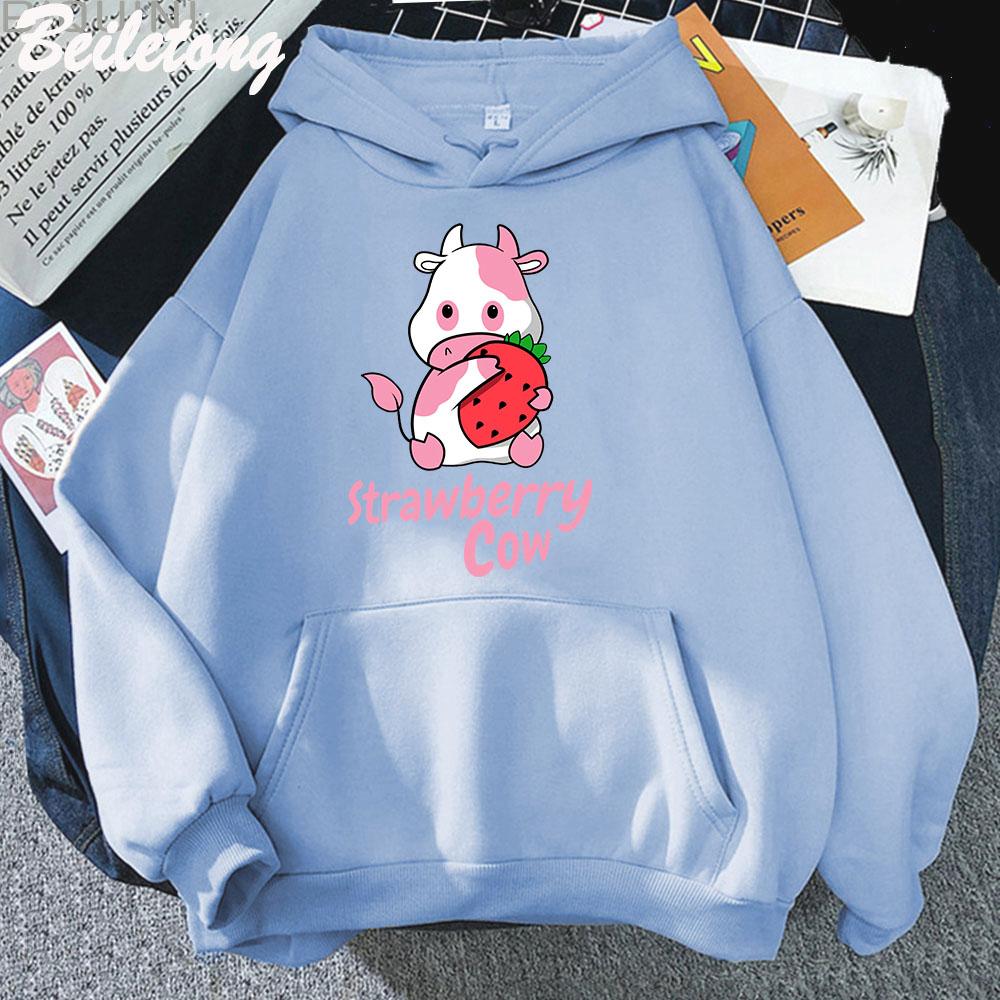 Strawberry Milk Cow Cartoon Hoodie Kawaii Clothing Aesthetic Girls Sudadera Mujer Pink Long Sleeve Loose Sweatshirt Spring Women