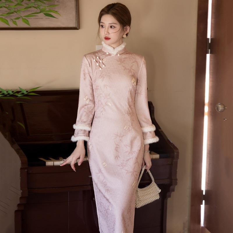 Pink velvet national style Suzhou long-sleeved improved cheongsam winter thick women's new Chinese-style high-end retro autumn and winter clothing