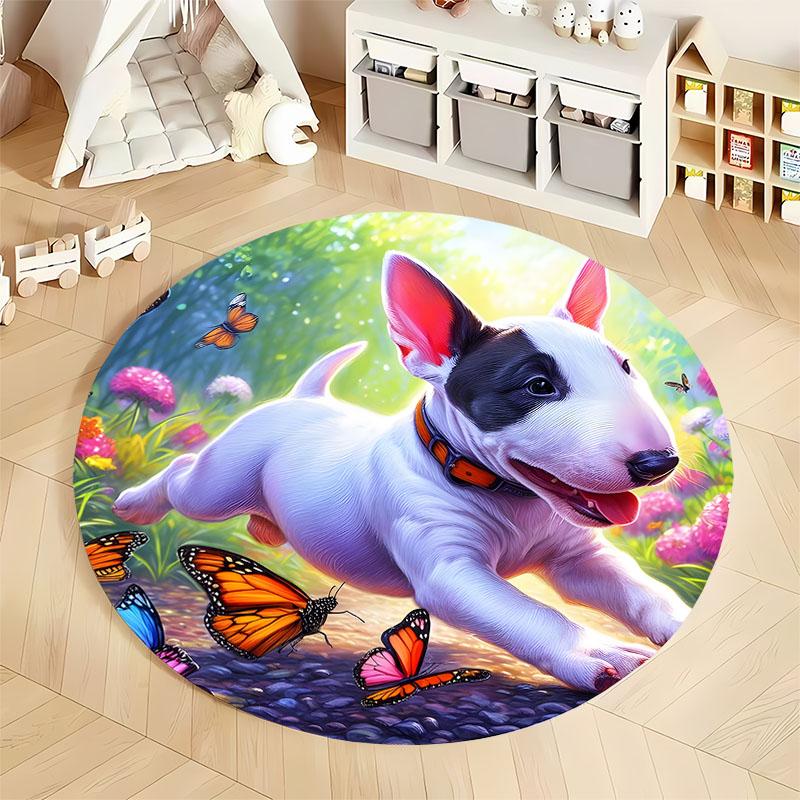 Free shipping! Playful Puppy and Butterfly Garden Round Rug round carpet for home sofa bedroom, gift