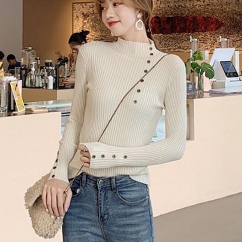 Half High Neck Sweater Base Pullover Women Long Sleeved Autumn and Winter New Korean Version Pullover Short Style, Slim Fit Knit Sweater for Outerwear