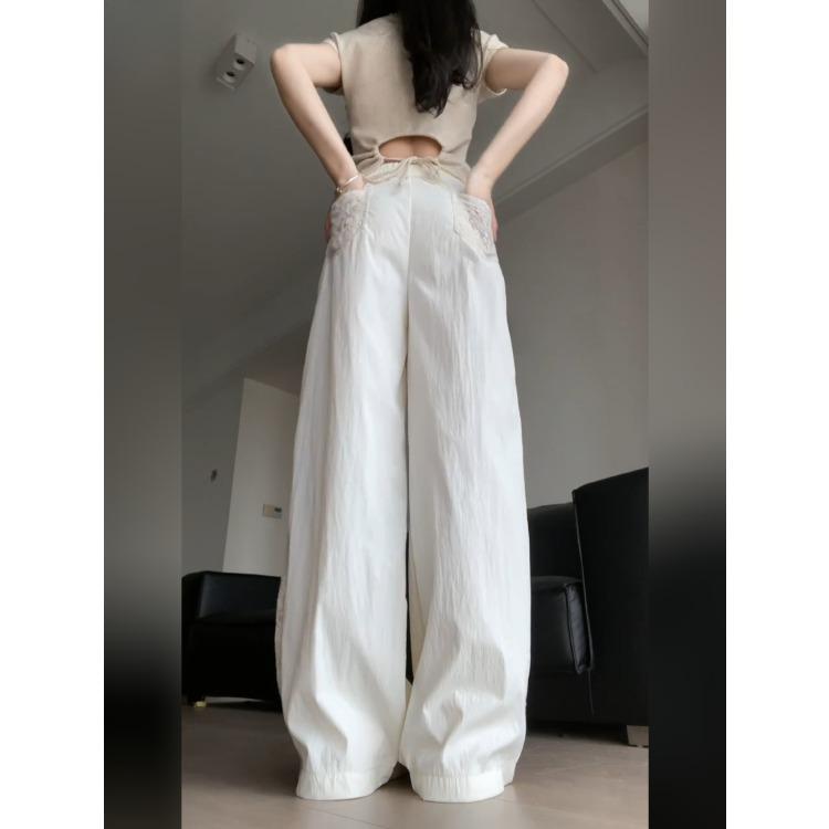 Pantalones Patchwork de Encaje Vintage Mujer Verano Sueltos High Street Pierna Ancha Casual