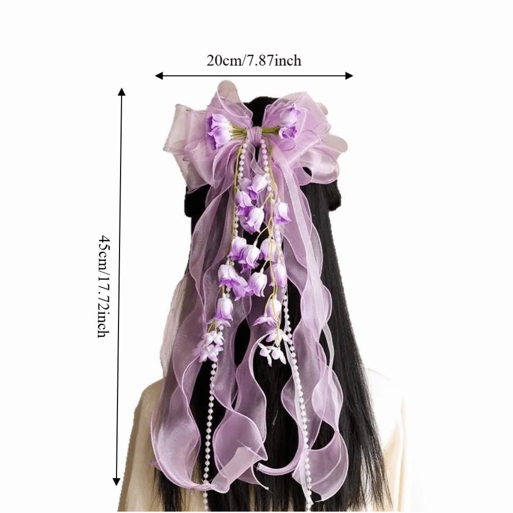Fashionable Sweet Fairy Flower Hair Clip Long Ribbon Mesh Lace Bow Duckbill Clip Headpieces Silk Gauze Flower Hairpin Bride