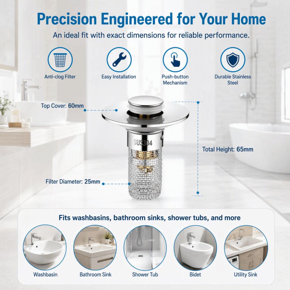 2 Pack Push Bounce Sink Drain Filter 304 Stainless Steel Filter Basket Drain Stopper  Bathtub