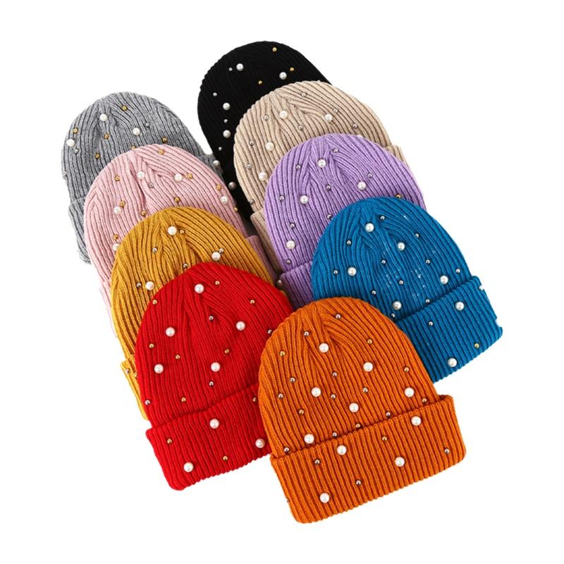 Winter Unisex Knitted Beanie Hat 3D Embroidered Pearl Rhinestones Warm Y2K Style Spandex/Cotton Outdoor