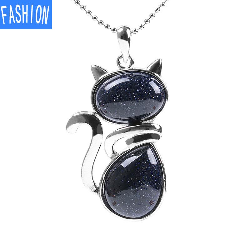 Stone Animal Necklace Pendant Cute Cat Pendant Necklace Agate With Chain Female