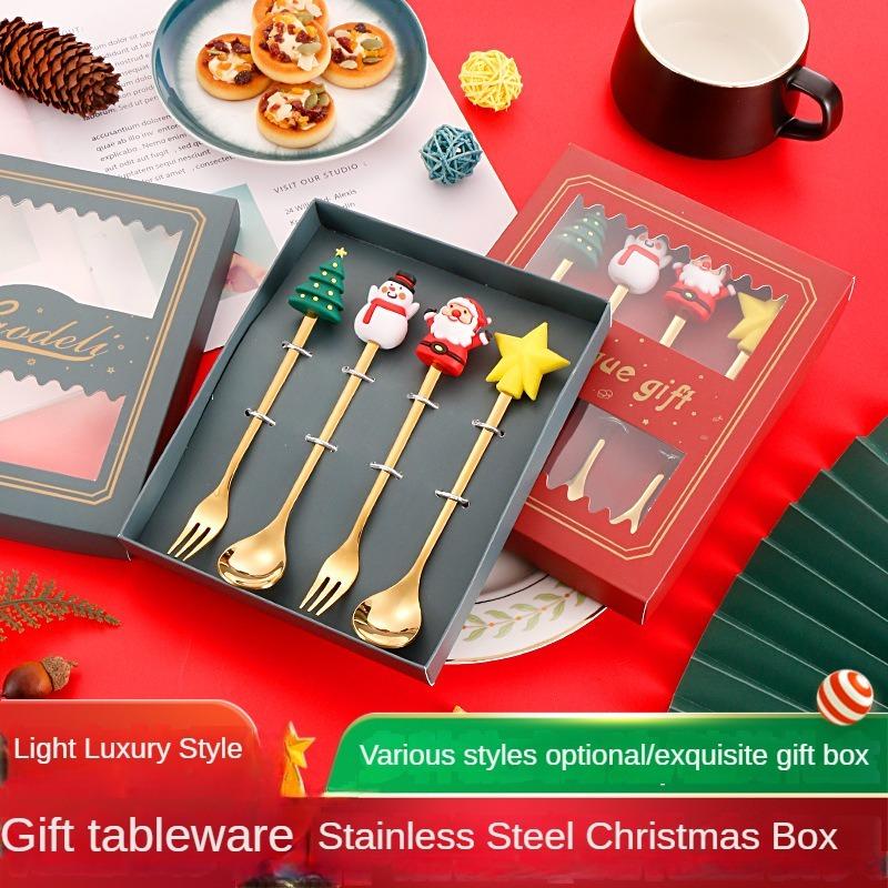 Christmas Cutlery Gift Set Stainless Steel Spoon Home Gift Spoon Set Gift Box Santa Claus Reindeer Coffee Spoon Dessert Spoon
