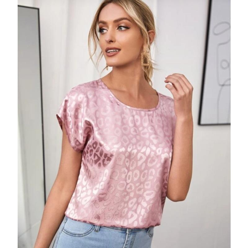 

Летняя леопардовая жаккардовая блузка с короткими рукавами для женщин, новая свободная повседневная рубашка, новые простые топы с круглым вырезом, женская одежда 3268 XL розовый