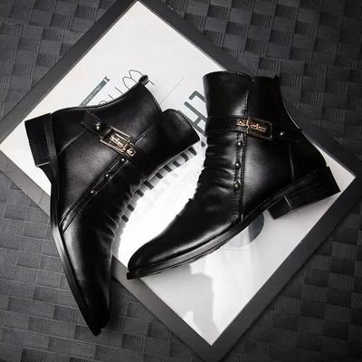 2024 Men's Leather Boots Pointed Fashion British High Quality High Top PU Business Shoes Casual Winter Male Boots Black Sneakers