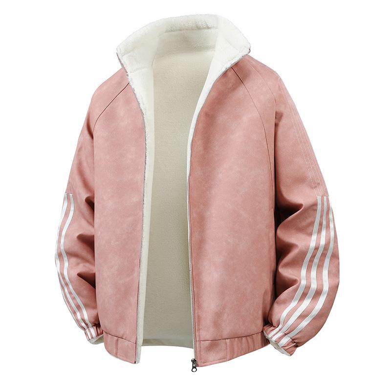 

2025 three-line stand-up collar padded jacket for men and women and couples wears trendy cotton clothes on both sides in winter XXL розовый