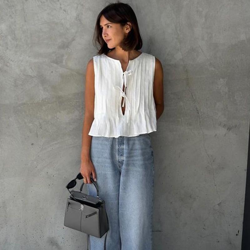 White Bandage Ribbed Sexy Tank Top Shirts Women Hollow Out Lace Up Sleeveless Slim Tops Hottie Summer Deep V Neck Street Sexy Beach Bandage Y2k Vest