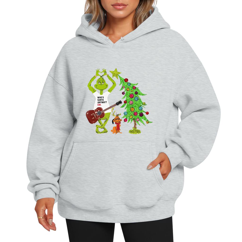 Ladies' Christmas Style Printed Hoodie With Wool And Pockets For Women