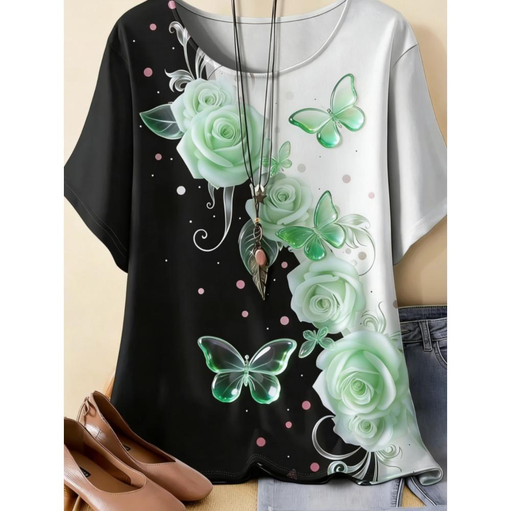 Beautiful Retro Colorful Butterfly Flowers 3D Printed Short Sleeved T-shirt Fashionable Comfortable Soft Breathable Large Loose Summer Womens T-shirt