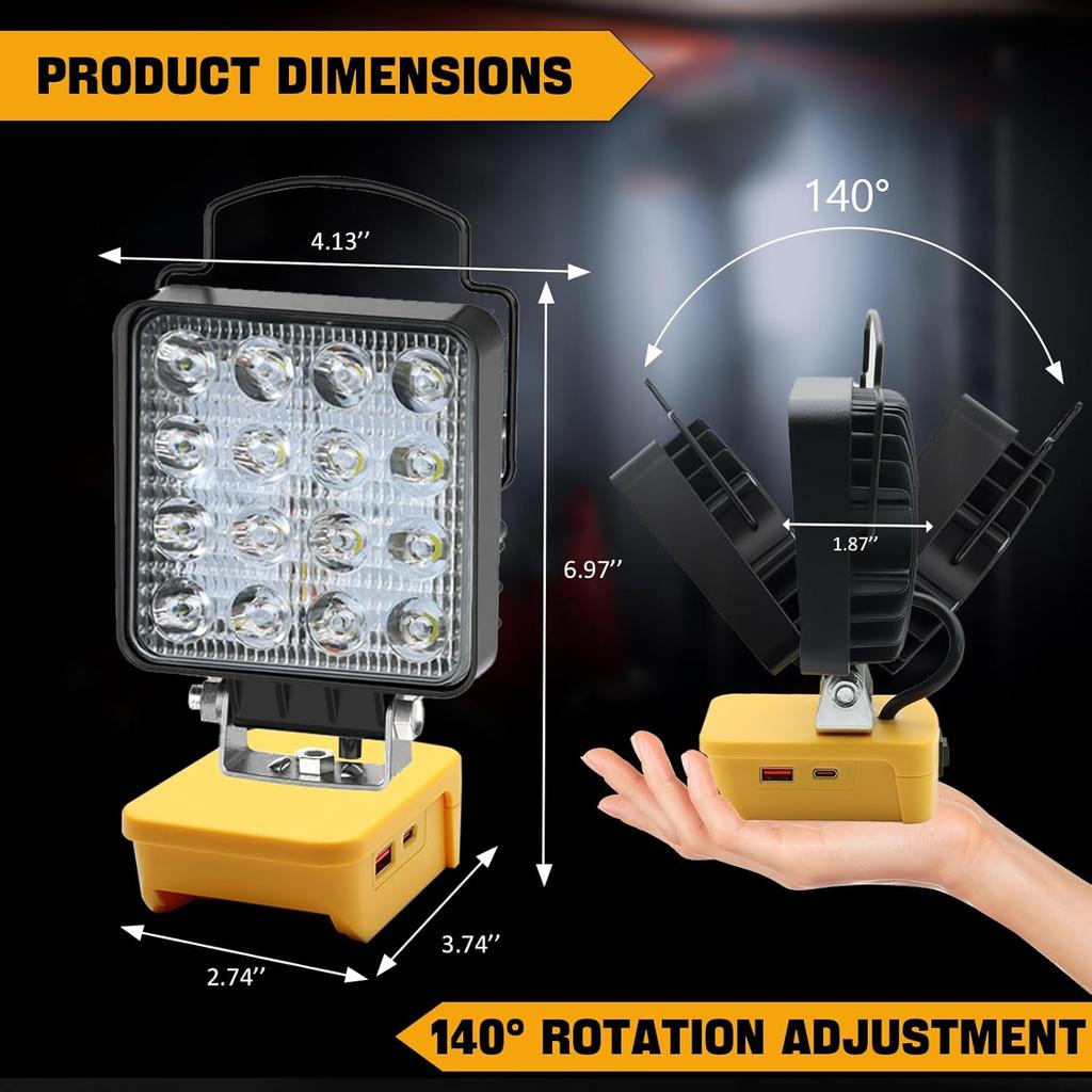 LED Work Light Compatible with Dewalt 18V/20V Battery, 48W 4800LM Flashlight, Cordless Flood Light with USB/Type C Charging Port and Low Voltage