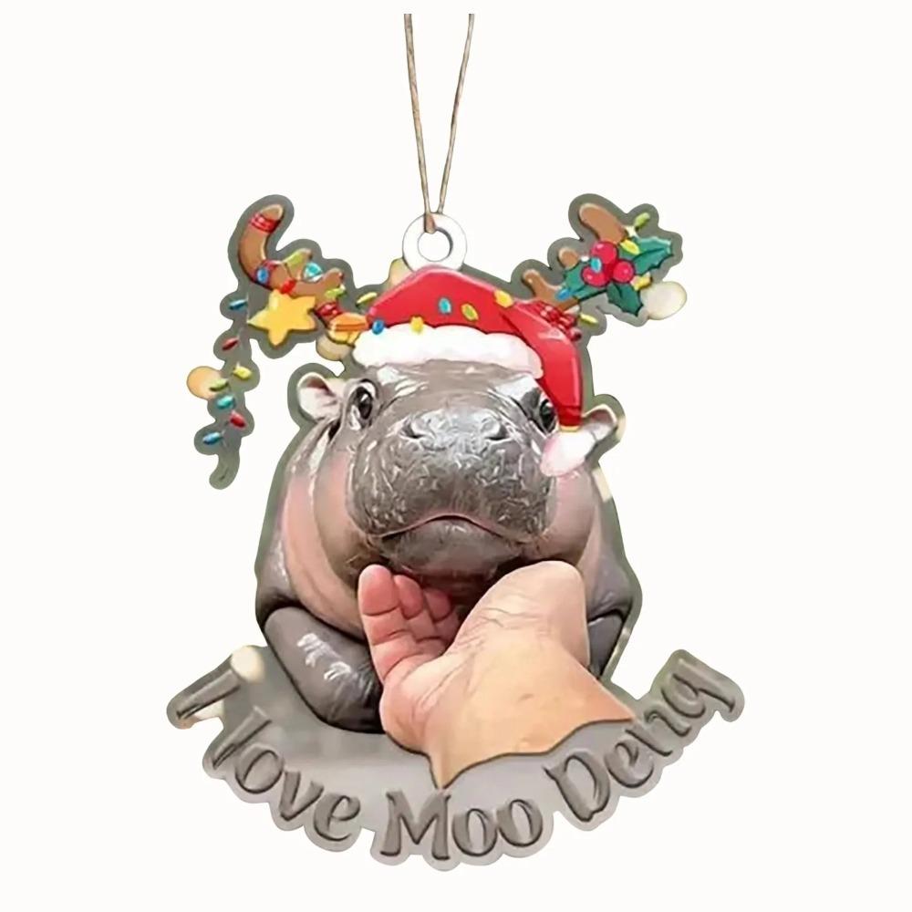 Cartoon Moo Deng Christmas Hippo Resin Figurine Pygmy Kawaii Xmas Tree Pendant Home Decoration Moo Deng Toy