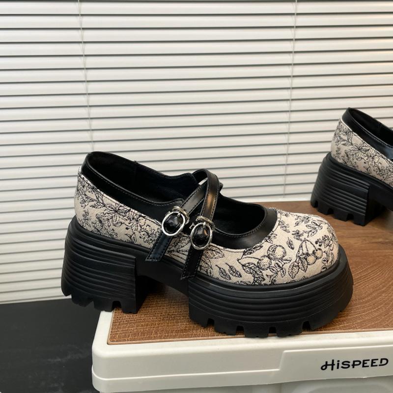 

Guochao новые китайские туфли Мэри Джейн женские 2025 новые кожаные туфли с принтом на толстом каблуке, увеличивающем высоту, неглубокие туфли на платформе jk 35 абрикосовый