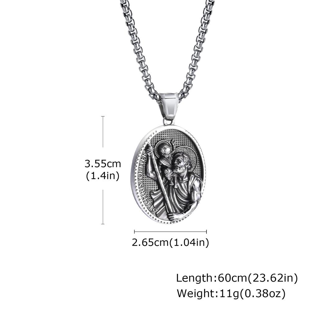 Vnox Stainless Steel Necklaces For Men Women Saint Christopher Elliptical Tag Black Pendant Classic Faith Jewelry Gifts