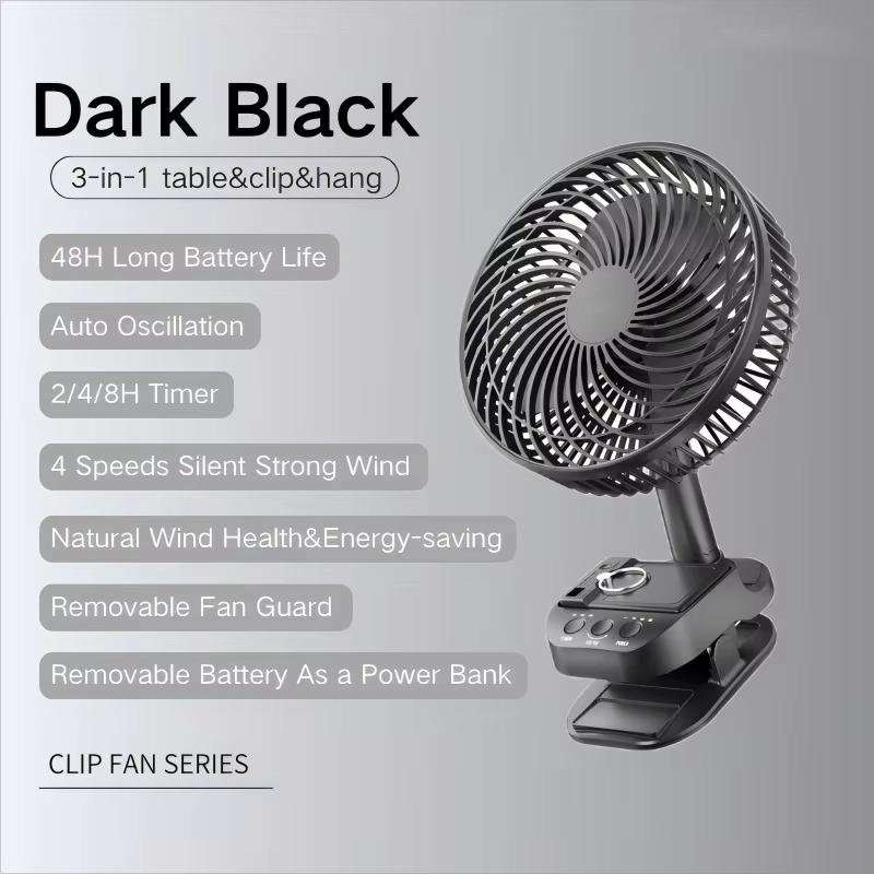 10000mAh Portable Fan Auto Oscillation Clip Fan with Hook Removable Battery as Mini Power Bank for Home Outdoor Camping Fan