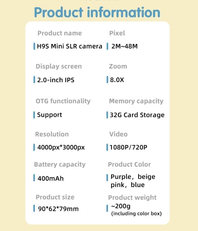 H9S Child Friendly Digital Camera Easy To Use Kids Educational Toy Camera 2.0in IPS Screen 8.0X Zooming Support OTG