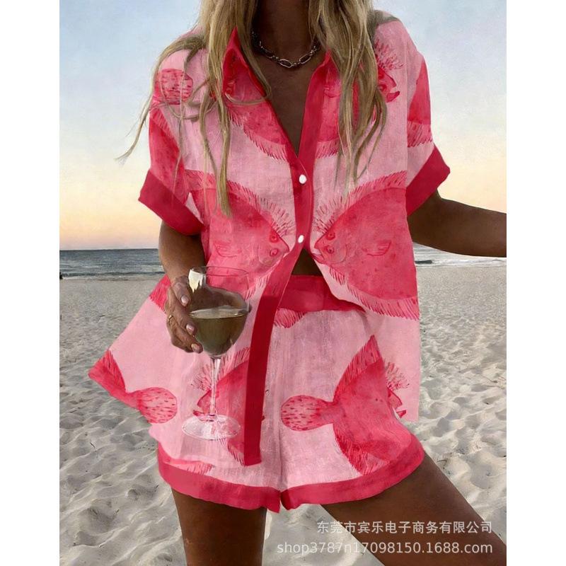 Conjunto de pantalones cortos de playa y camisa de manga corta para mujer, multicolor, vida marina, ocio, vacaciones, conjunto de dos piezas