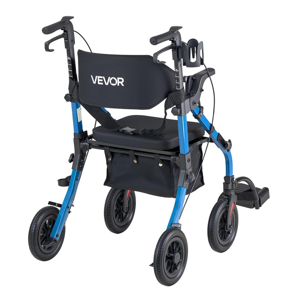 2-in-1 Rollator Walker & Transport Chair for Seniors, Foldable Rolling Walker Wheelchair, Lightweight Aluminum Mobility Walking Aid with Solid PU