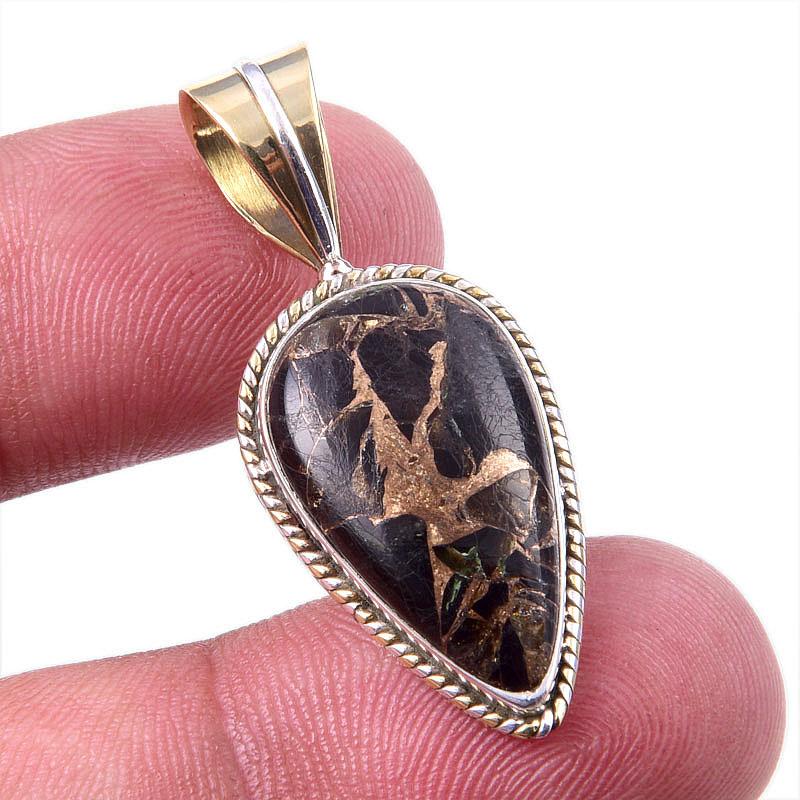 

Natural Black Copper Turquoise 925 Solid Silver TwoTone Gift Pendant 1.5 f1A02