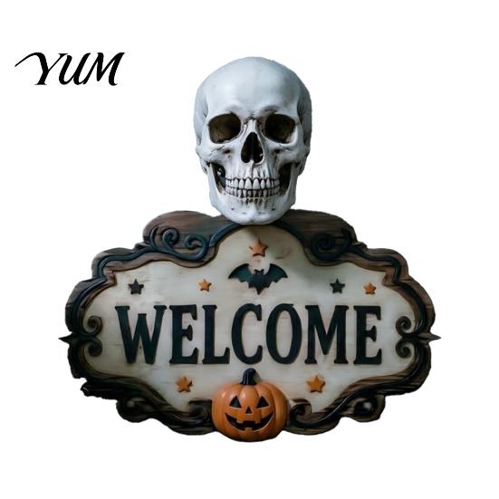 Entrance Door Ornament Halloween Wooden Welcome Sign, Spooky Skull Frog Crow Witch Hanger, Festive Holiday 2D Wall Hanging Sign for Home Party