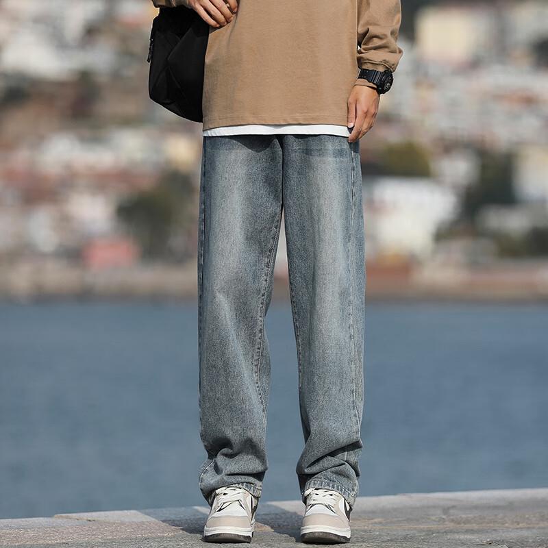 Homlean Men's American High Street Washed Loose Straight Leg Denim Jeans