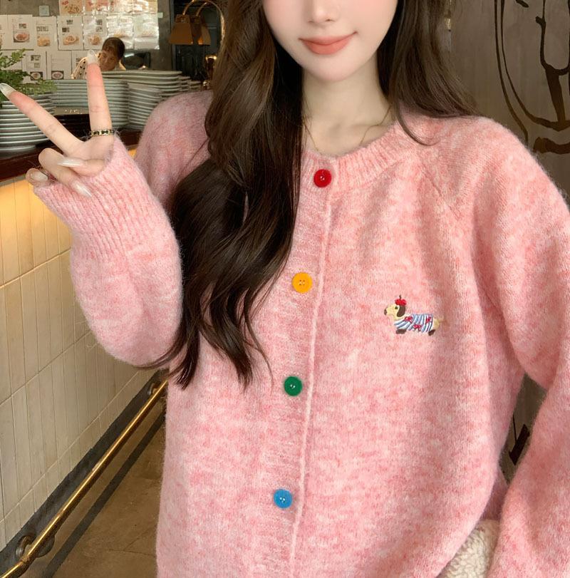 Sweet Round Neck Color Button Dog Pattern Long Sleeve Sweater Cardigan Women Spring Autumn Winter Korean Versatile Top