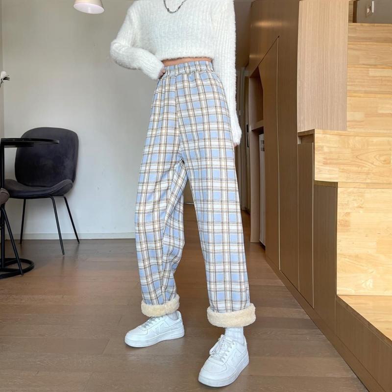 Teplé plyšové kalhoty Tlustý kostkovaný Dámské Zimní Ležérní Volné široké kalhoty Korejské Streetwear Rovné kalhoty