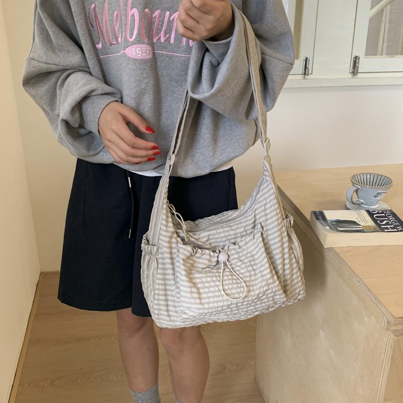 Korean Style Plaid Drawstring Cloud Shoulder Bags for Women Large Capacity Ladies Crossbody Bag Bow Multi-pocket Handbags Tote
