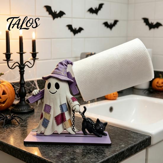 Halloween Paper Towel Holder Wooden Holder, Cute Patchwork Ghost Napkin Stand, Party Supplies Rustic Roll Dispenser for Kitchen Dining Table