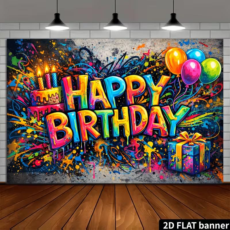 Fondo de Cumpleaños Feliz Graffiti 2D Banner de Fotografía con Salpicadura de Color Vibrante