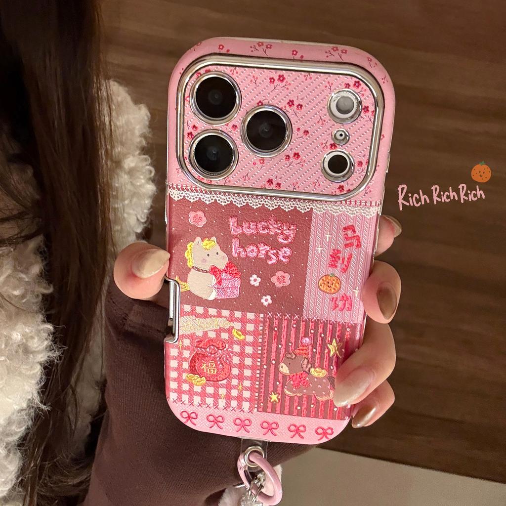 Korean Cartoon Horse Splicing Leather Texture Phone Case For iPhone 17 16 15 14 13 12 11 Pro Max With Bracelet Shockproof Cover