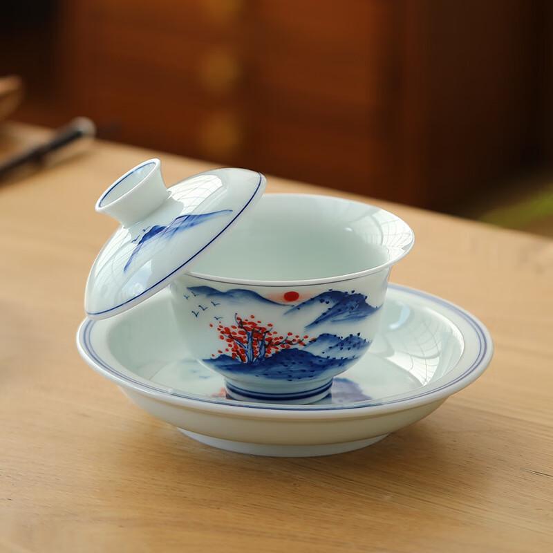 Lu Xu Ju Underglaze Hand-Painted Blue and White Lotus Ceramic Gaiwan