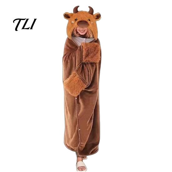 Damen Halloween Kostüm Tier Tragbare Decke Hoodie für Damen, Übergroßer Flanell Pullover Knopfleiste Decke, Cosplay Umhang Nachtwäsche Winter