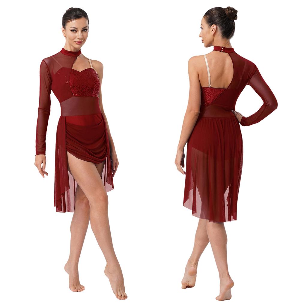 Damen Lyrischer Tanz Trikot Rollkragen Verstellbare Spaghettiträger Ein Schulter Glitzernde Pailletten Kleid