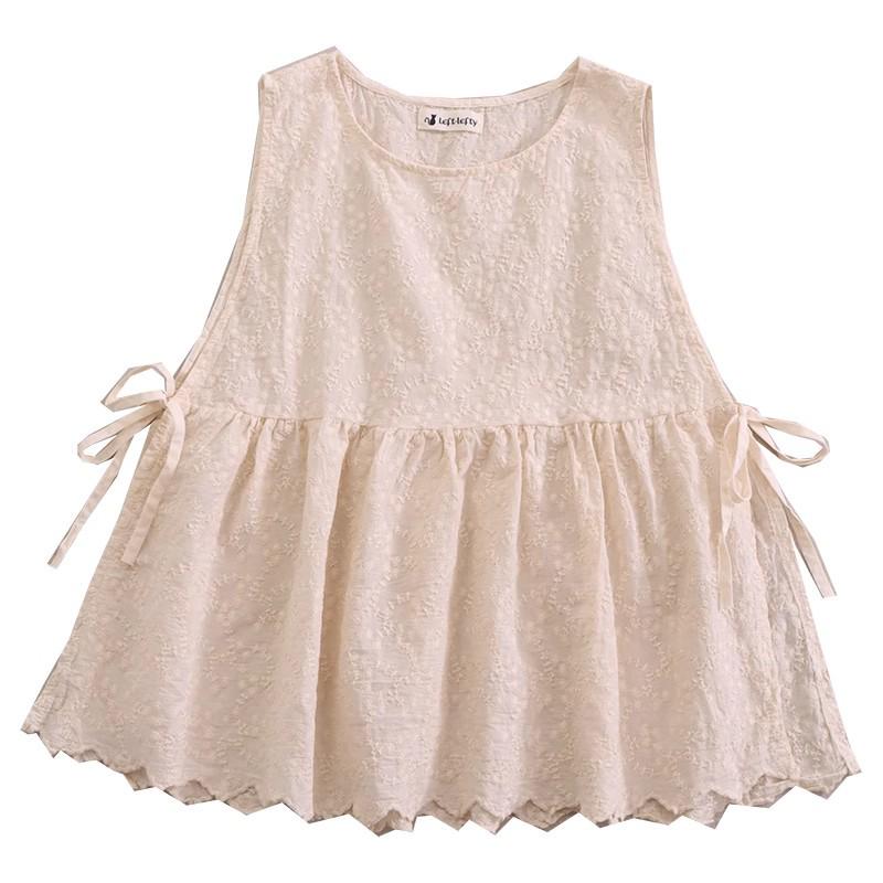 Sweet Mori Style Cotton Linen Embroidered Vest with Side Slit and Tie-Up Design