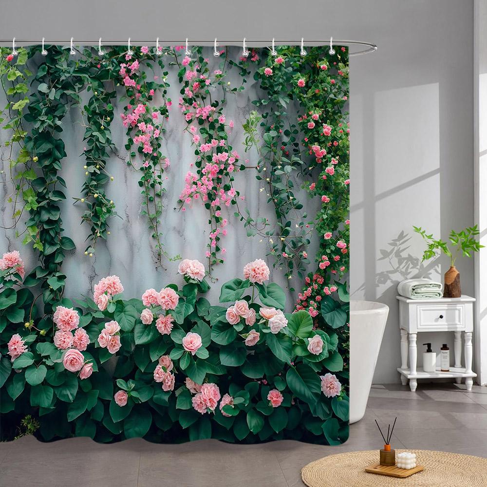 Outdoor Garden Poster Shower Curtain Vintage Window Wall Growing Floral Plants Polyester Fabric Shower Curtains Bathroom Decor
